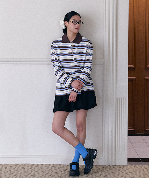 Stamp stripe Collar T-shirt_Brown