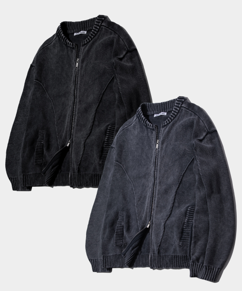 PLACESTUDIOMAN ライン ポイント ラウンドネック ピグメント ニット ジップアップ カーディガン