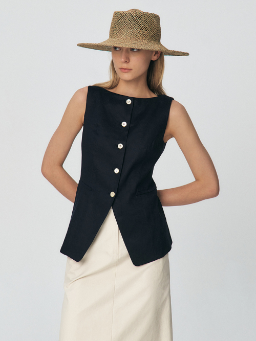 Linen Boat-neck Vest, Navy