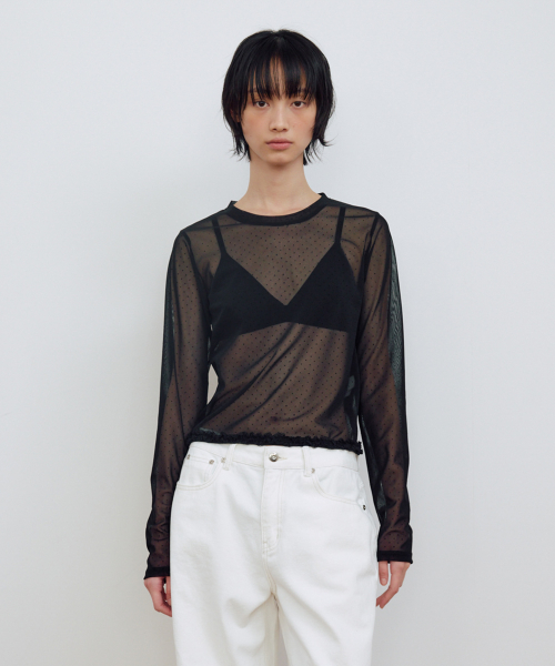 DOT MESH SHEER LONG SLEEVE TOP_BLACK