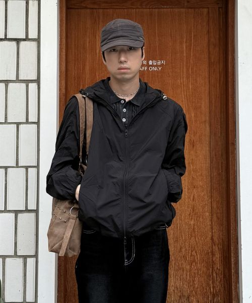 Нейлоновый ветровка с капюшоном на двойной молнии [Black]
