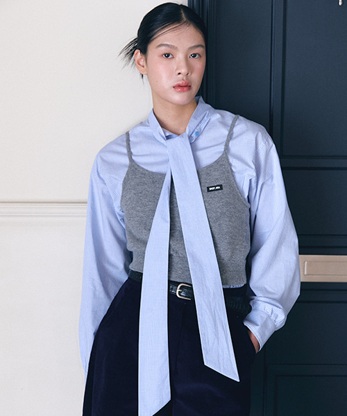 Mandarin tie point check blouse_light синий