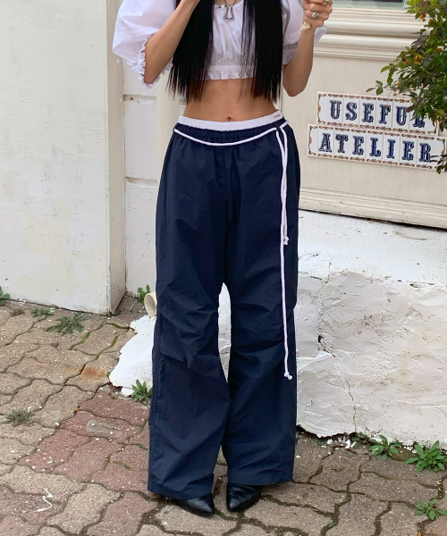 【YOUHEE】24SS LAYERED DENIM PANTS BLUE 유희(YOUHEE) COTTON LAYERED BANDING WIDE PANTS NAVY - 사이즈