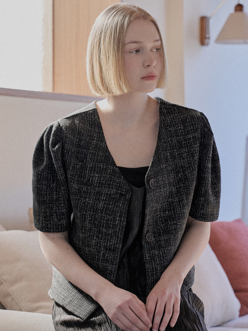 Tweed puff crop jacket - чёрный