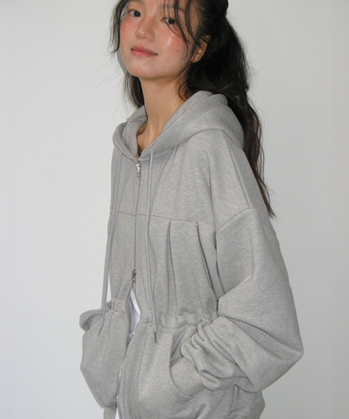 Pendant shirring hoodie zip up grey