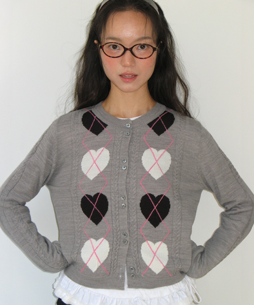 Heart argyle 2 button knit cardigan grey