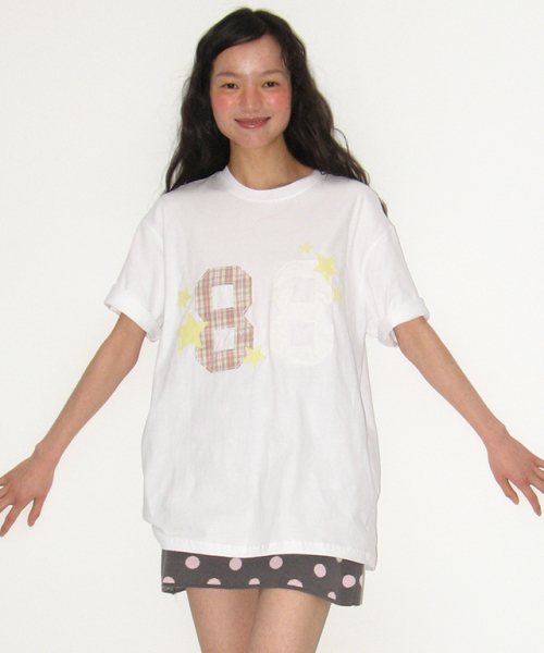 Tシャツ・カットソー RONRON 88 STAR MIXED APPLIQUE OVER FIT T SHIRT 5BNY815 新作【Ronron】88 STAR MIXED APPLIQUEオーバーフィットTシャツ