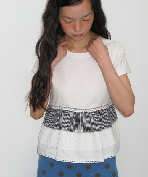 Tシャツ・カットソー RONRON MULTI FRILL TORCHON SHORT SLEEVE T SHIRT 5BNY816 RONRON☆韓国☆人気☆MULTI FRILL TORCHON SHORT SLEEVE T SHIRT