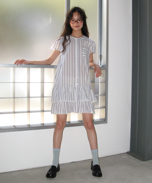 ROUND COLLAR FRILL KANGKANG SHIRT DRESS BLUE STRIPE