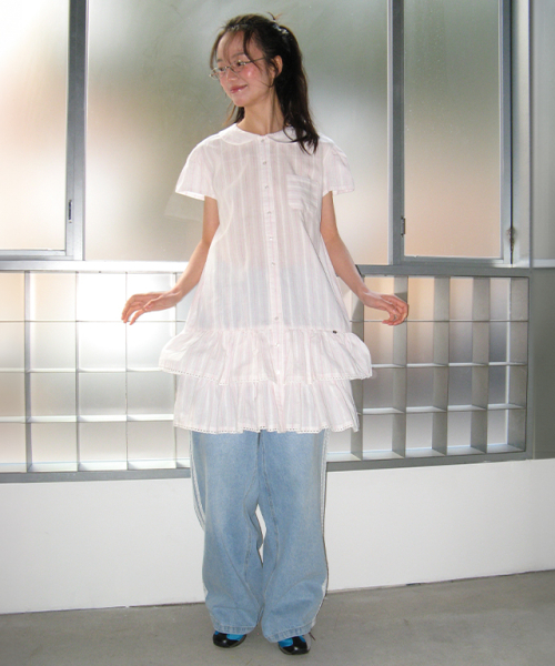 론론(RONRON) ROUND COLLAR FRILL KANGKANG SHIRT DRESS PINK