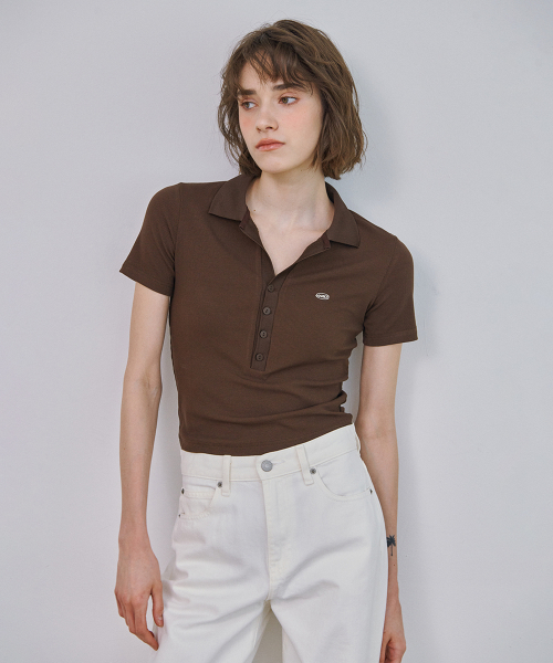 Slim Button Collar T-Shirt (Brown)