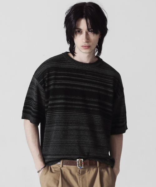 Summer Vintage Pattern Boucle Knit Short Sleeve (Black)