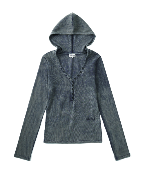 V NECK BUTTON HOODIE (STONE BROWN)