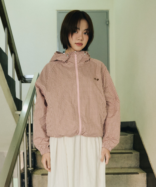 Check Hooded Windbreaker (Pink Brown)