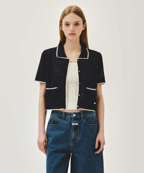 W CROCHET HALF KNIT CARDIGAN navy
