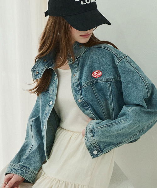 Biker cropped denim jacket - Mid Blue