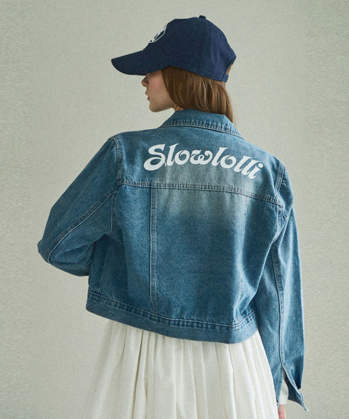 Washing denim lettering jacket - Mid blue