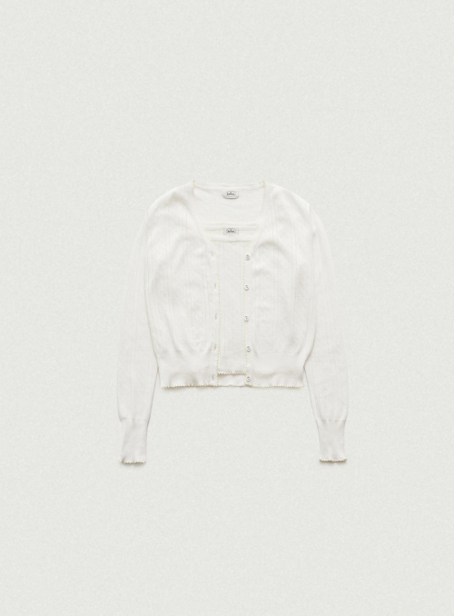 Cotton Eyelet Knit Cardigan Ensemble With Sleeveless Top_Ivory