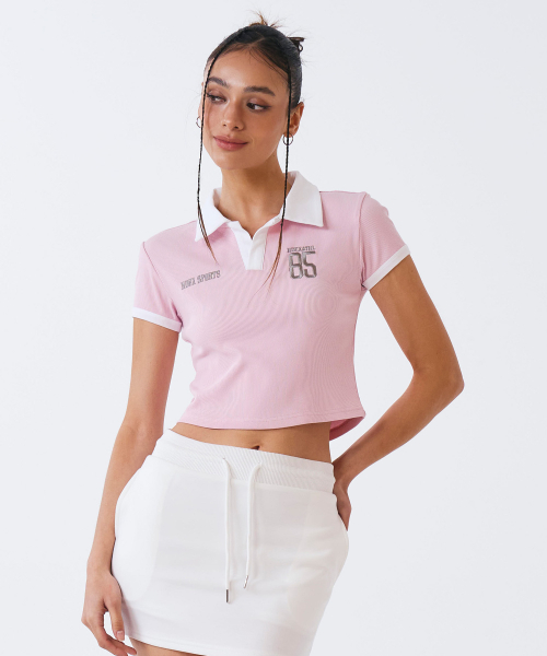 Женское спортивное поло-кроп с коротким рукавом (Pink)