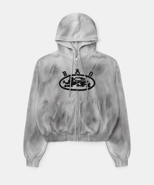 MUSINSA | BADBLOOD Lion Patch Hoodie Zip-Up - Washed White