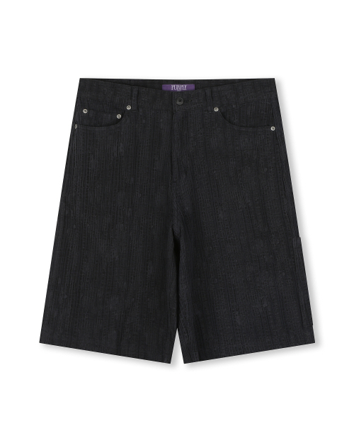 WASHED LINEN JACQUARD WORK SHORTS BLACK