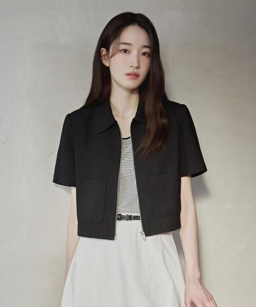[W]Tweed collar zip-up short-sleeved jacket