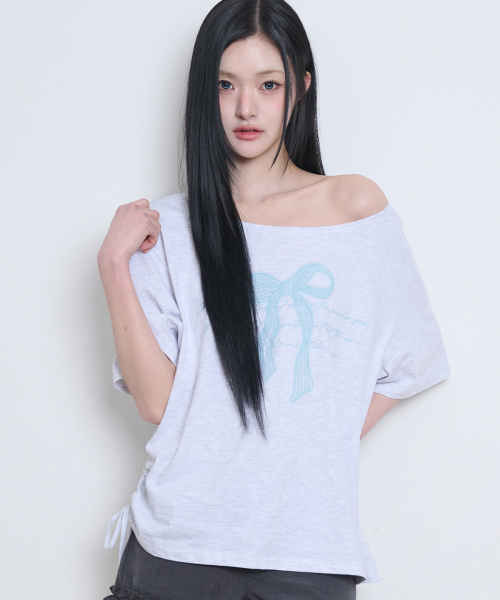 Ribbon shirring off-shoulder T-shirt Melange