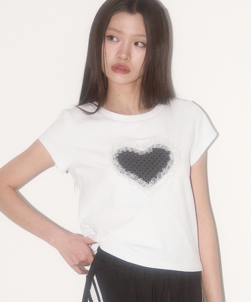 일리고() 레이스 하트 도트 티셔츠 화이트 상품 이미지