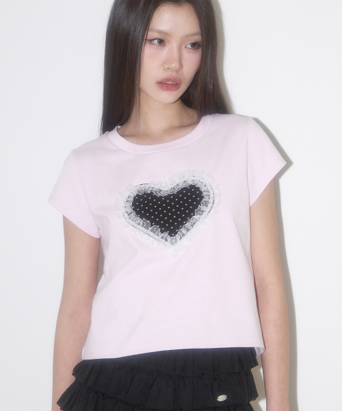 일리고() 레이스 하트 도트 티셔츠 핑크 상품 이미지