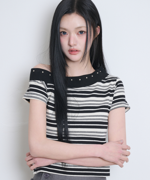 One Shoulder Stud Stripe Top Black Ivory