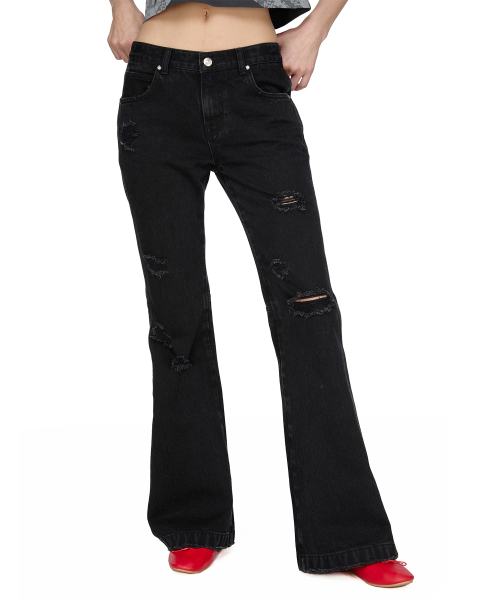 Distroyed Boots Cut Denim Pants, BLACK