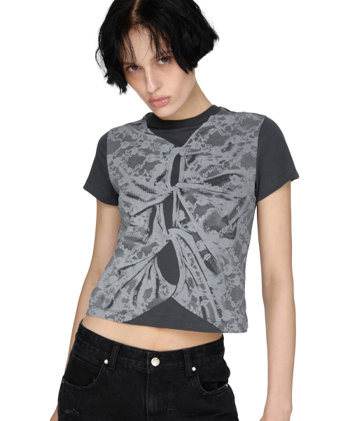 Lace Printing Layered T-shirt, CHARCOAL