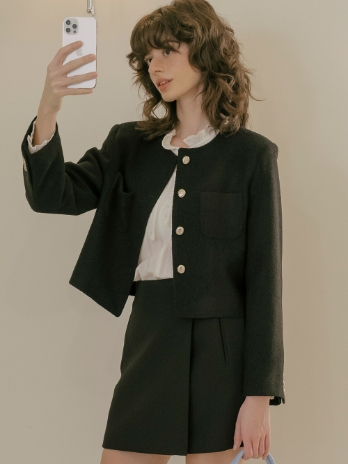 Poey collarless crop твид jacket_Black