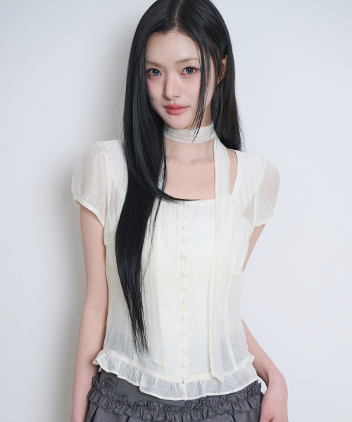 Ribbon Tie Square Neck Blouse Cream