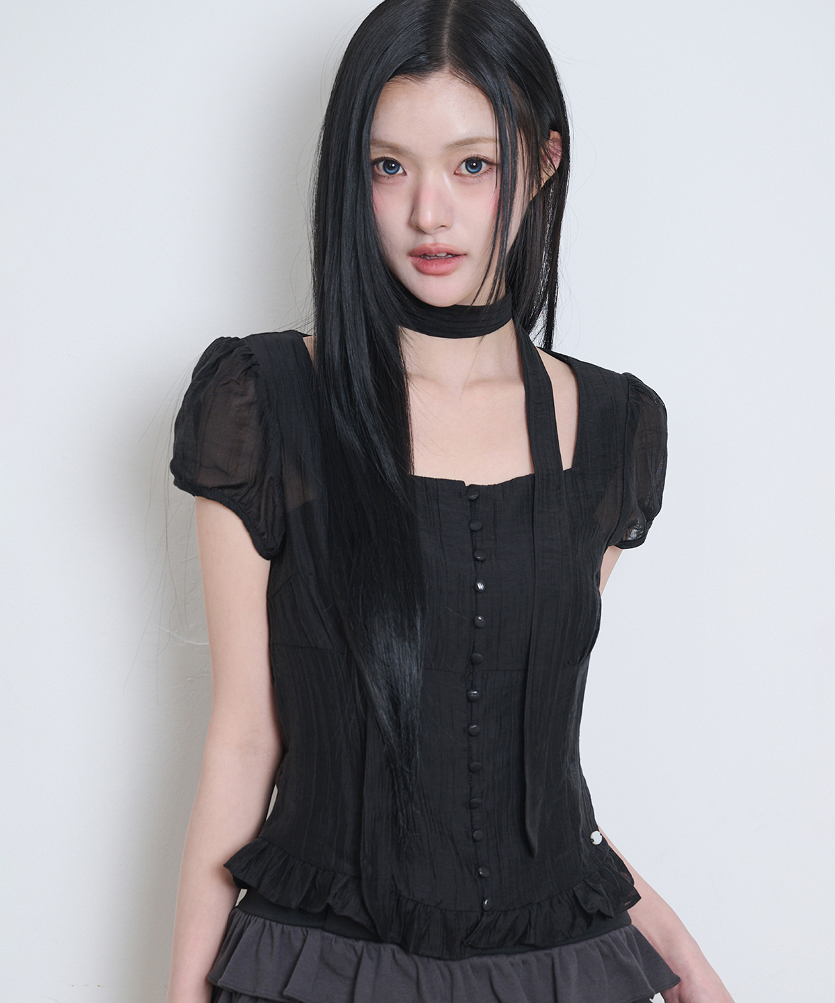 Ribbon Tie Square Neck блузка Black