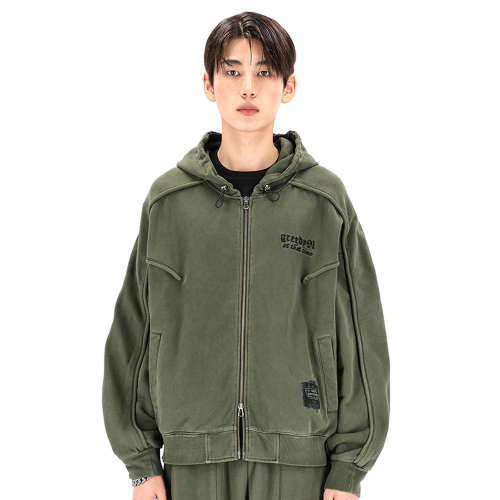 Оверфит худи на молнии с окрасом Garment Dyeing (Shadow Khaki)