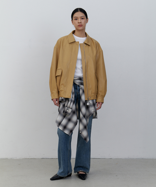Overfit leather blouson _ mustard