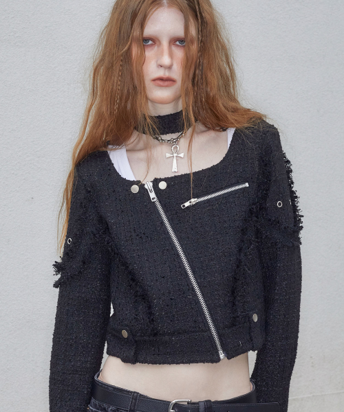 Square Neck Moto Tweed Jacket (BLACK)
