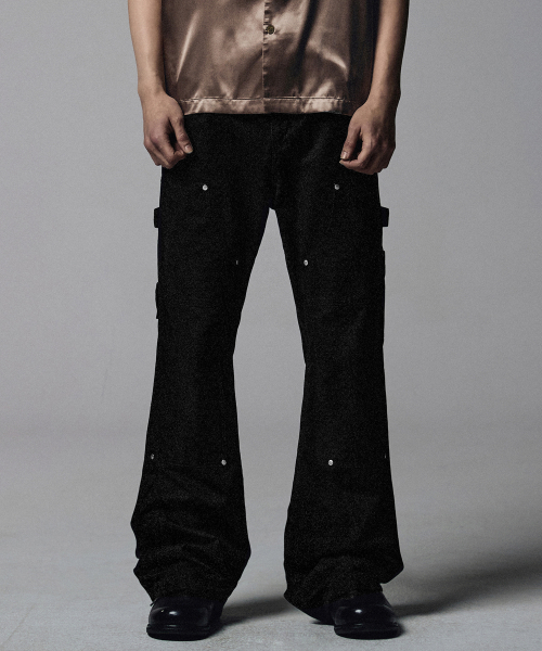 Double Knee Carpenter Flare Fit Cotton Pants - Black