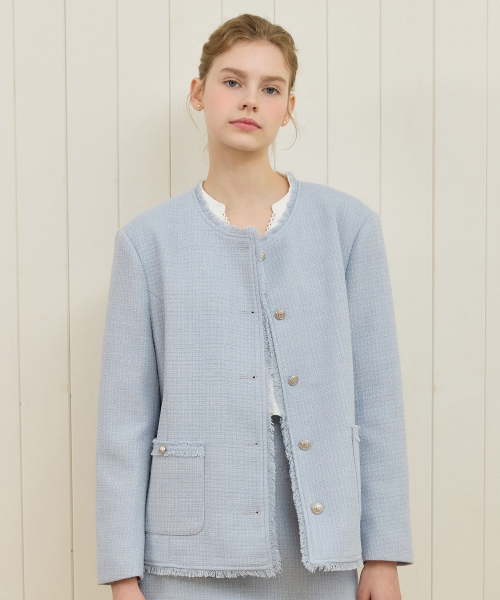 Fringe Tweed Over-fit Jacket - Blue