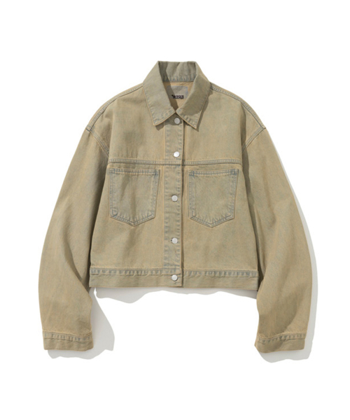Men Washed Denim Crop Jacket Beige