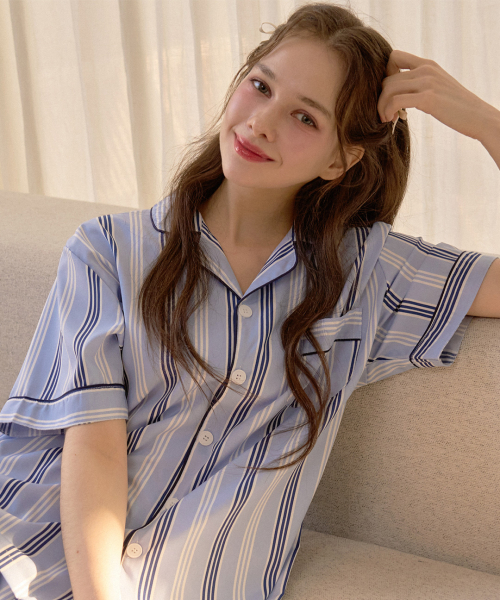 도씨() 실크핏 베이 반팔 커플 잠옷 세트 상품 이미지