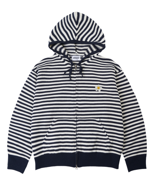 [UNISEX] Вязаный зип-худи в полоску с цветами, Cream Navy