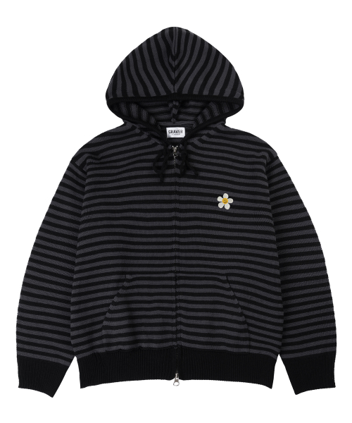 [UNISEX] Полосатое худи на молнии с вышивкой Flower Dot (Black Charcoal)
