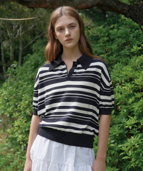 хлопок полоска Collar Half Knit (тёмно-синий)