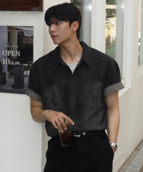 CARDIFF TWO POCKET WASHING DENIM HALF SHIRT [BLACK]