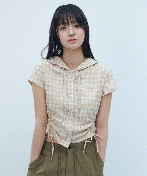 W SIDE STRING HOOD TOP [BEIGE]