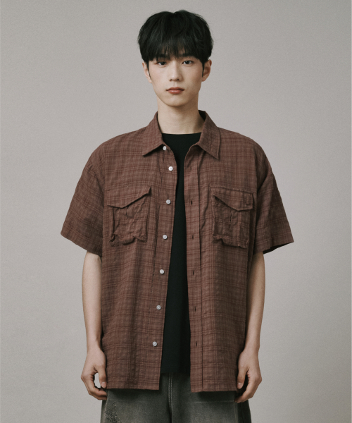 버던트() 볼륨 카고 체크 셔츠 [브라운] 상품 이미지