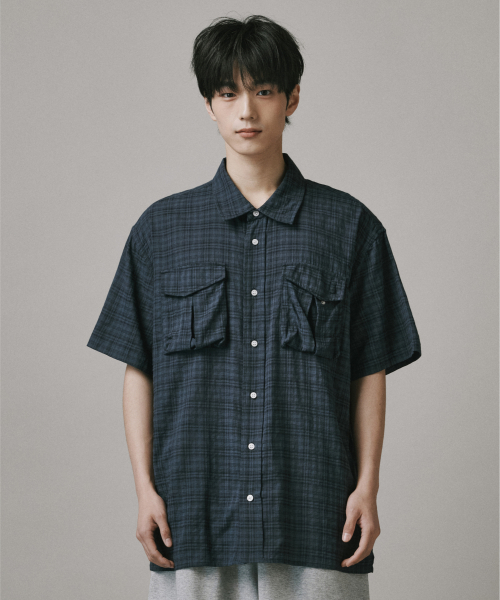 버던트() 볼륨 카고 체크 셔츠 [네이비] 상품 이미지