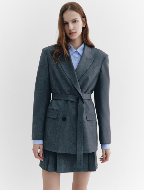 Wool-Blend Belted Double-breasted Blazer CHARCOAL GREY
